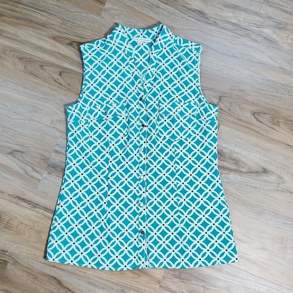 💜Notations Teal & White Geo Print Sleeveless Top Small